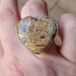 New Heart Shaped Picture Jasper 925 Silver Ring.